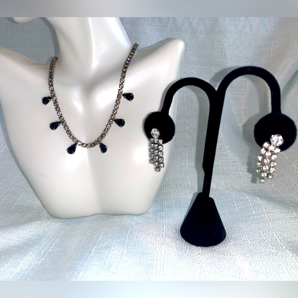 Rhinestone Necklace Black Teardrops Clear Rhinestones Chandelier Earrings Vtg